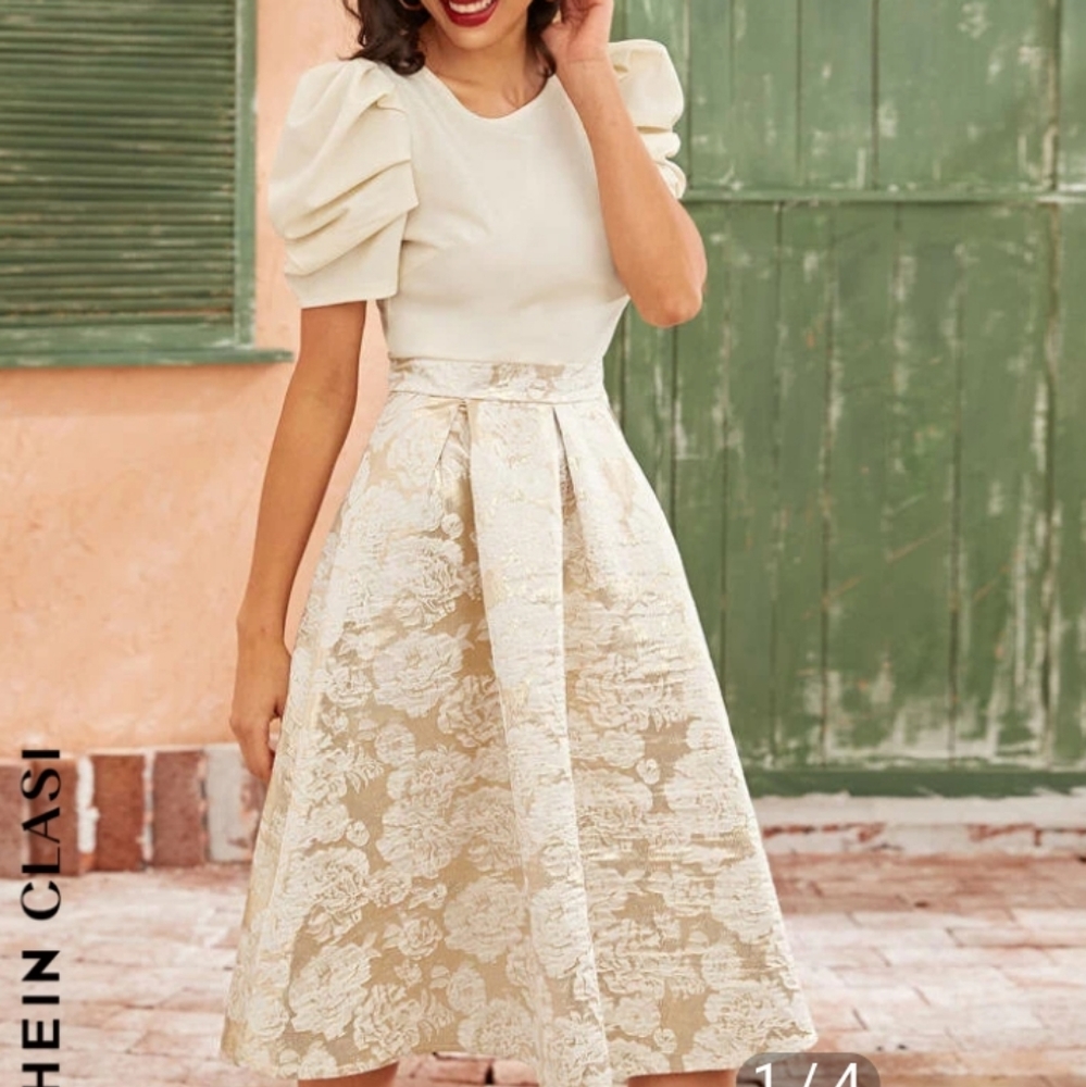 SHEIN Gorgeous Cream Puff Sleeve Flared Dress Size 10 - Picture 1 of 11